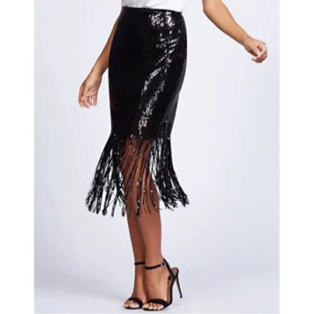NWT Gabrielle Union New York & Company Black Sequin Fringe Skirt Sz XL